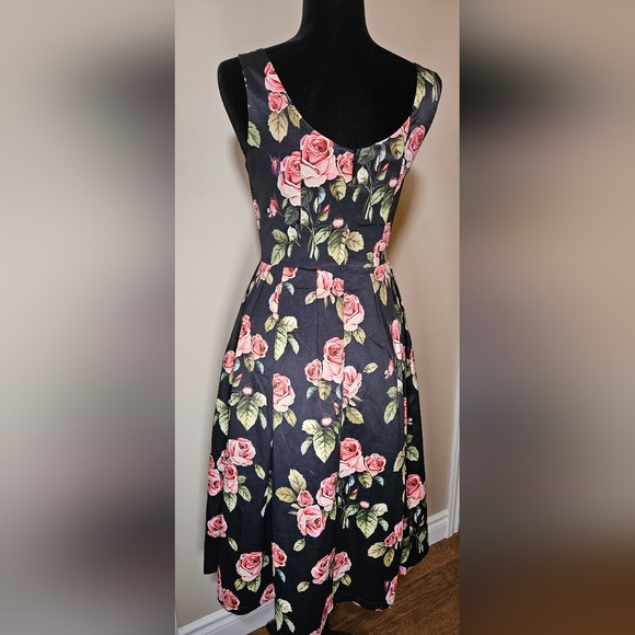1861 boutique satin roses black pink floral retro 50's 60's dress with pockets - Picture 4 of 9